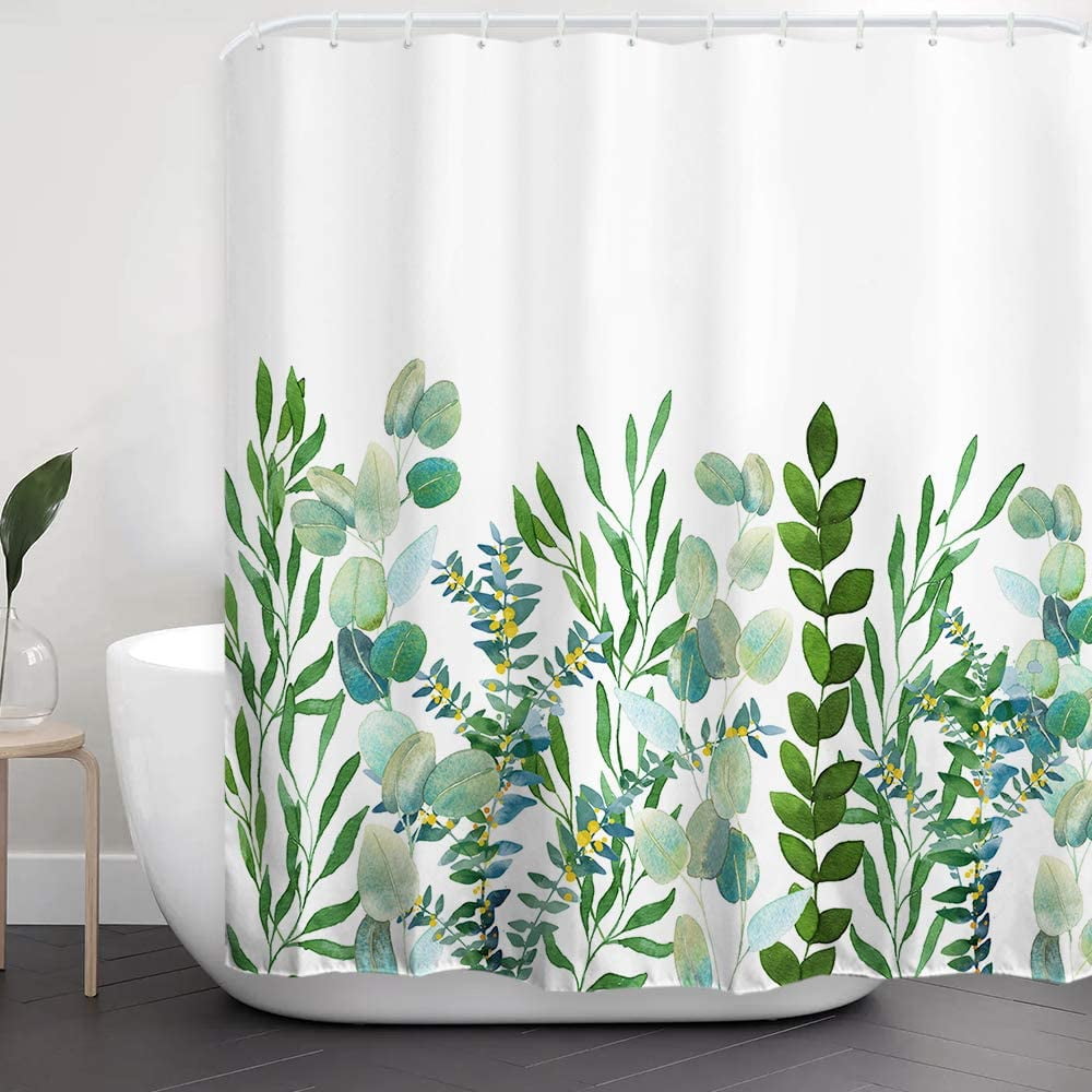 Watercolor Green Plants Succulents Bathroom Waterproof Fabric Shower Curtain Set
